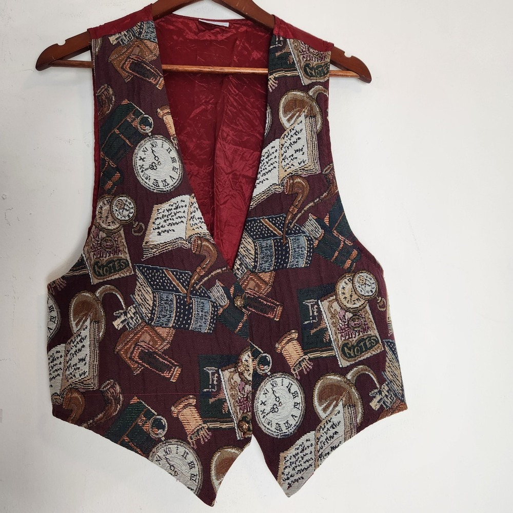 Vintage 90s Backroad Blues Tapestry Vest Pocket Watch Books Academia Grannycore
